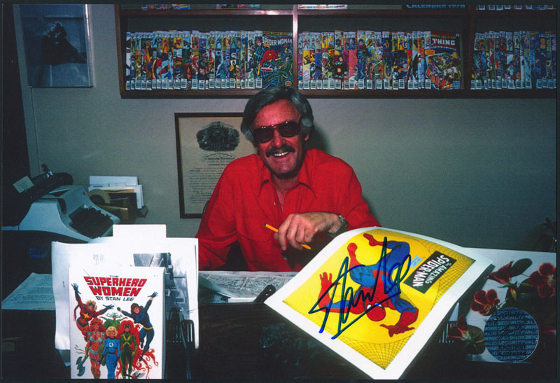 Stan Lee at Desk with Spiderman Poster Autographed Photo